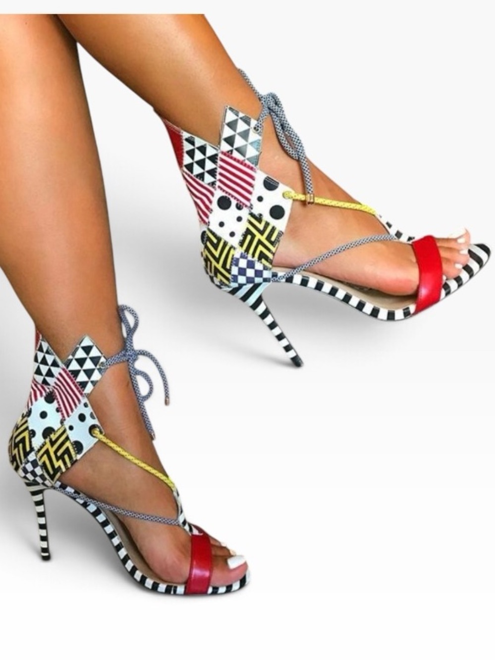 Alexandra G. Carmela Fashion Heels Lace Up Sandals Patchwork US Size 7.5 EU 38